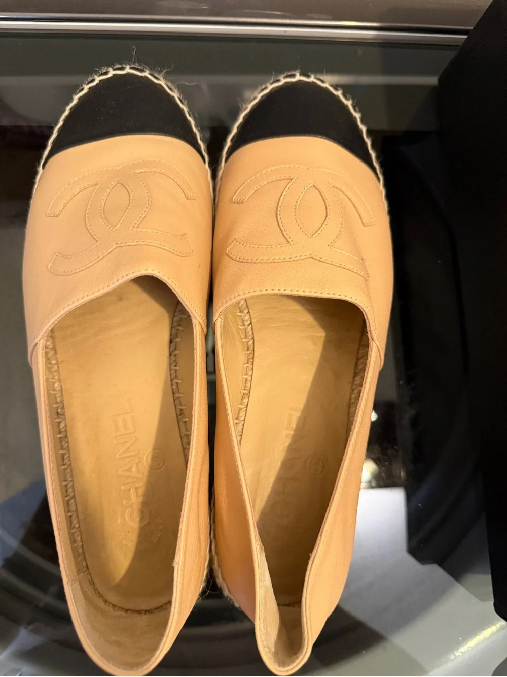 Authentic  CHANEL Beige and Black Leather Espadrille Slip-Ons